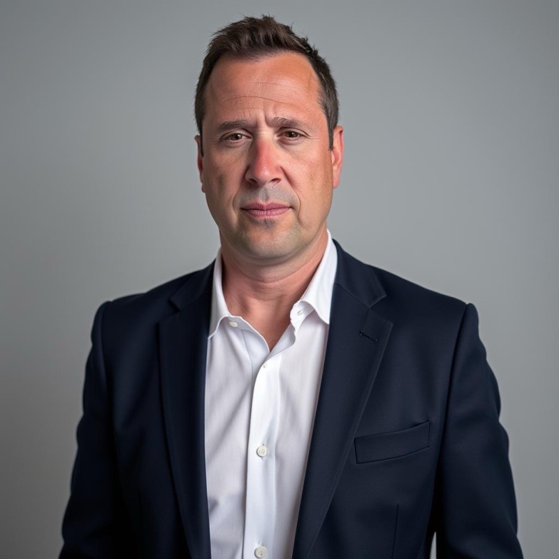Man in navy suit, white shirt, neutral expression